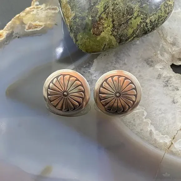 Native American Sterling Silver Round Stamped Concho Stud Earrings For Women #2 - Picture 3 of 10